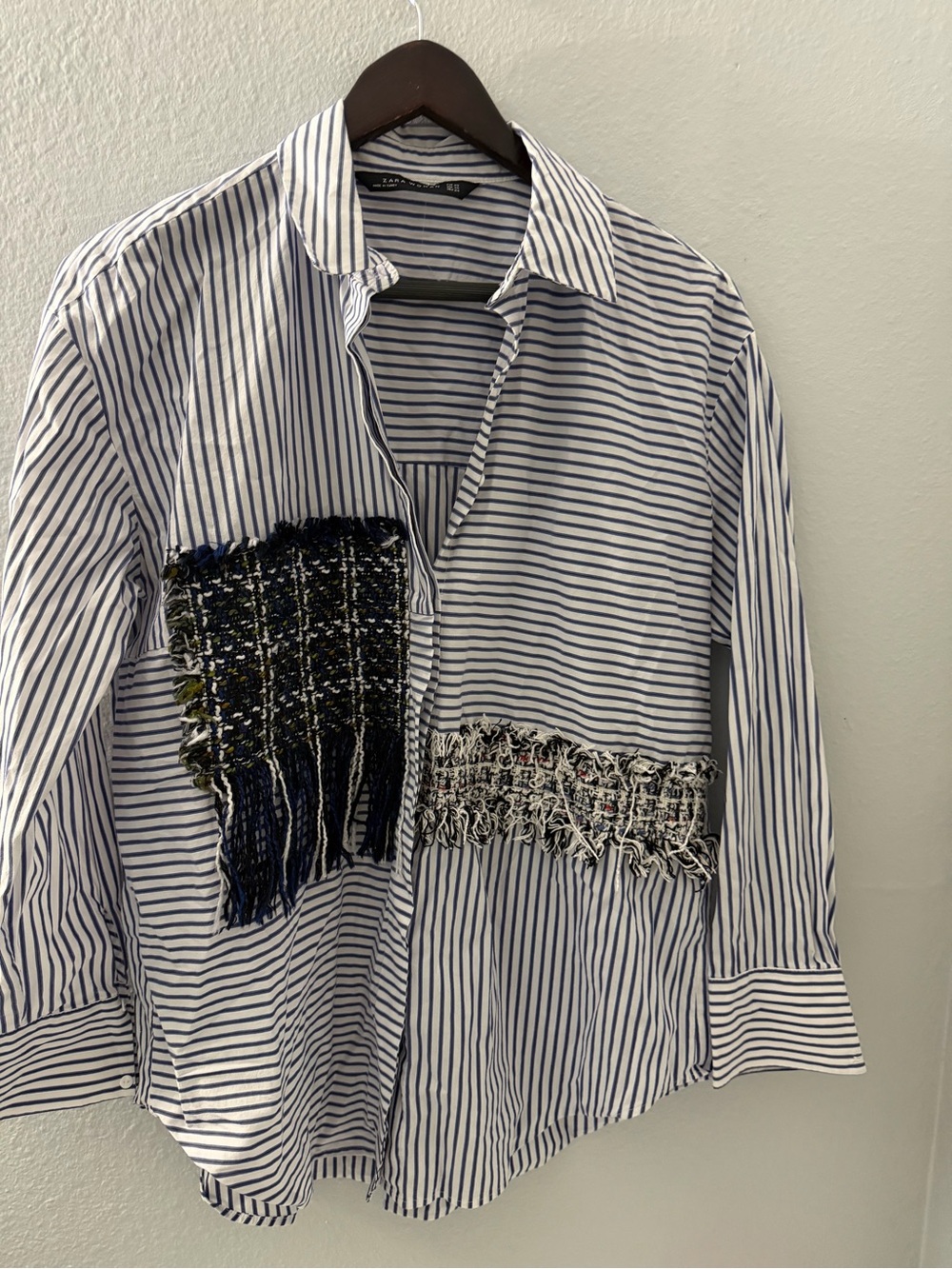 Zara Blue & White Striped Women's Button-Down Shirt with Tweed Patchwork